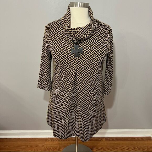 Tyler Boe Cowl Neck‎ Front Pocket Geometric Black/Gold Print Dress - L - Picture 4 of 11